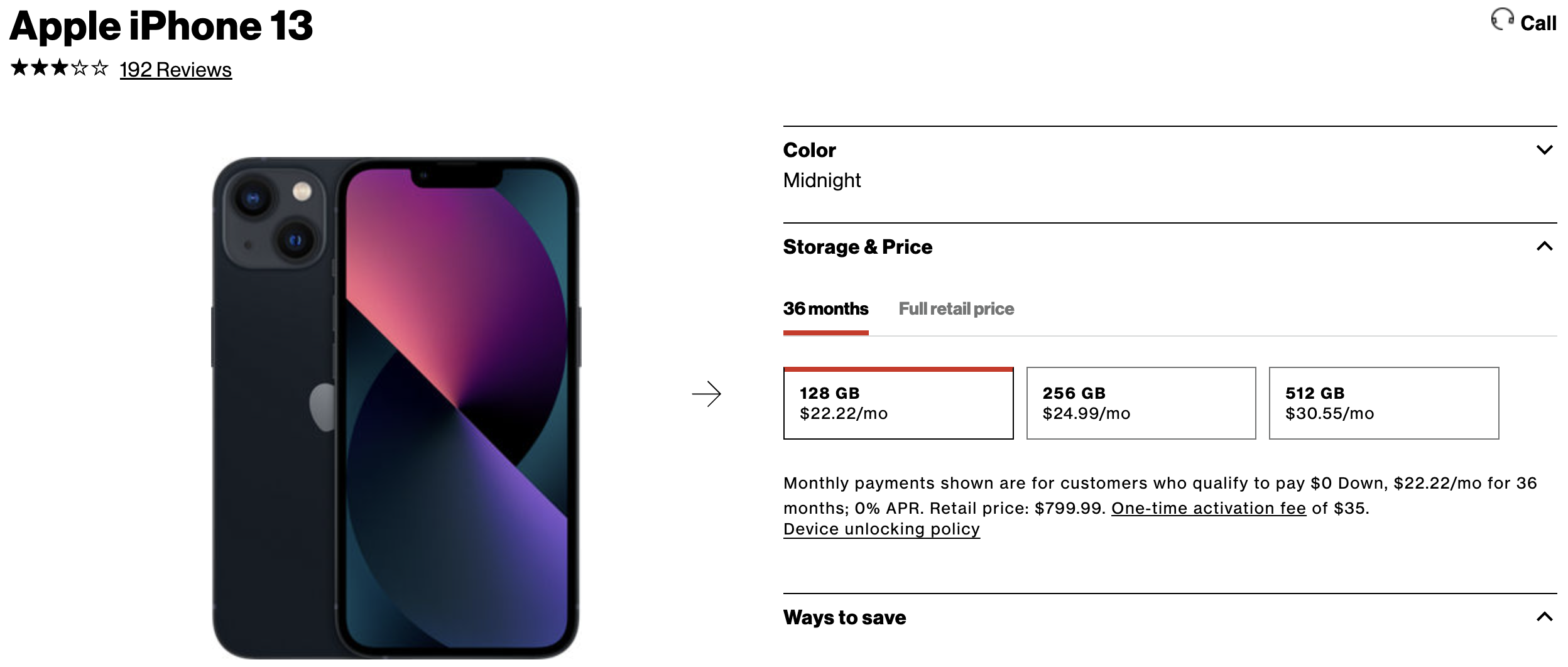 Screenshot from Verizon showing a phone for sale with an installment plan.