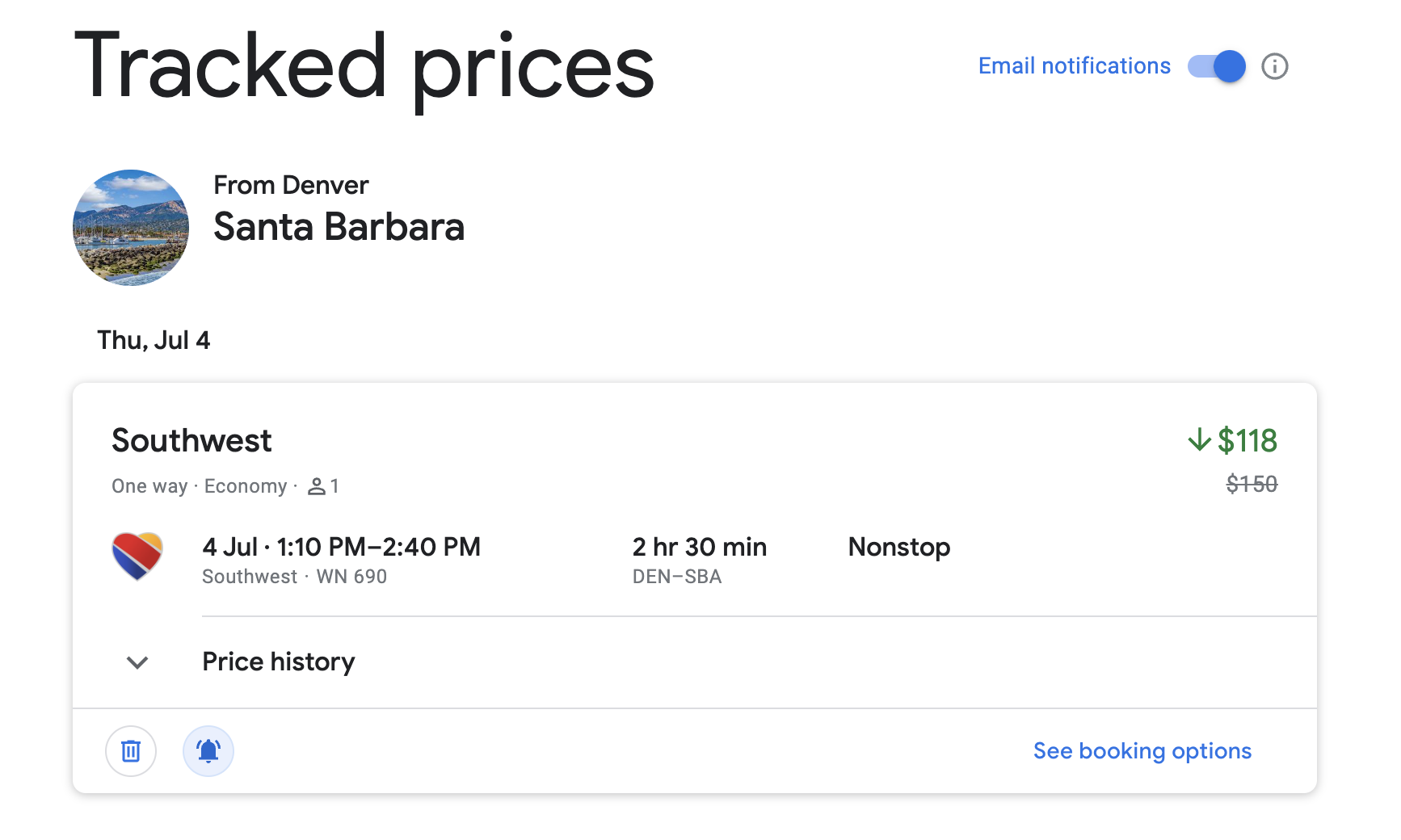 Google Flights Tracked Price Screenshot